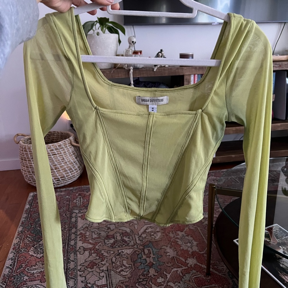 Urban Outfitters Green Square Neck Bell Sleeve Cropped Sheer Corset Top Medium